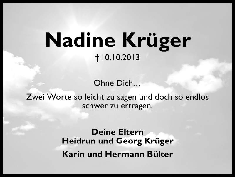  Traueranzeige für Nadine Krüger vom 10.10.2016 aus Die Norddeutsche