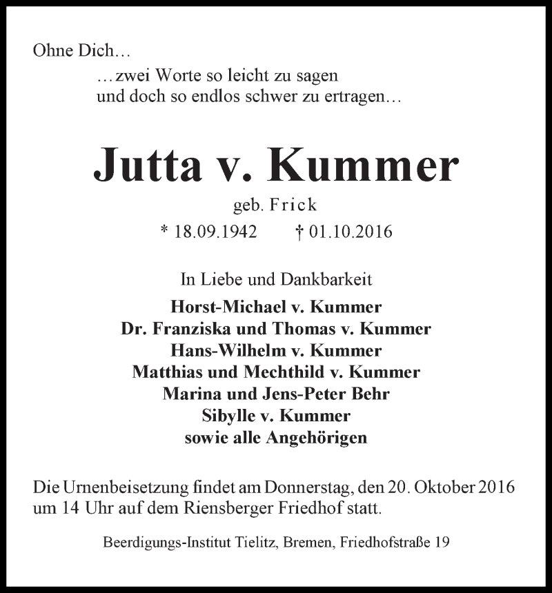 Traueranzeige von Jutta von Kummer von WESER-KURIER