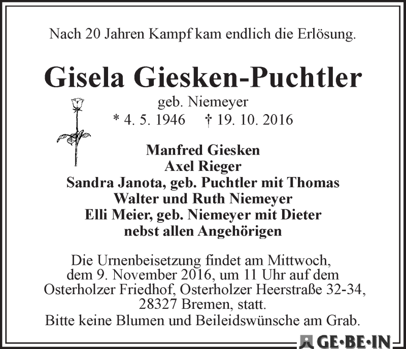 Traueranzeige von Gisela Giesken-Puchtler von WESER-KURIER