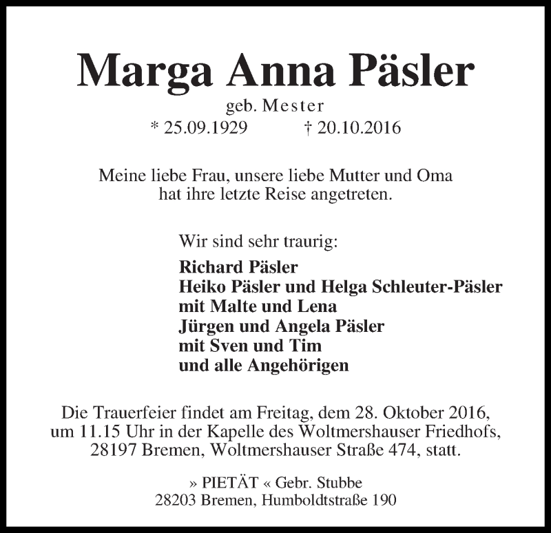 Traueranzeige von Marga Anna Päsler von WESER-KURIER