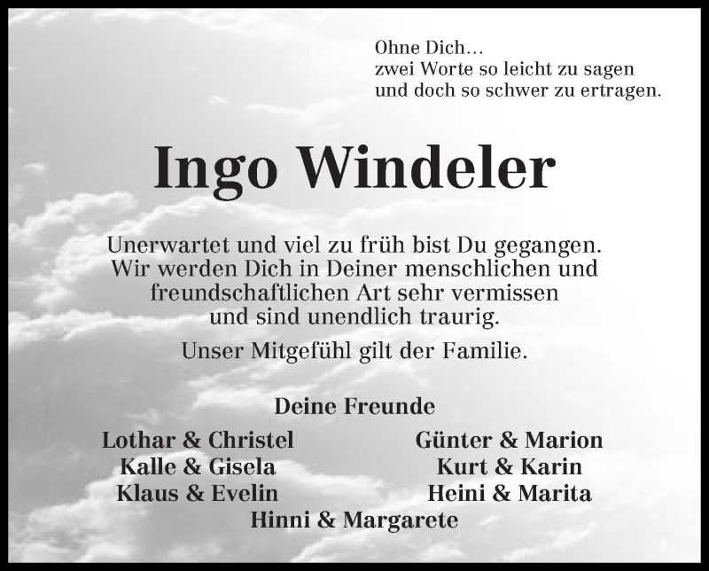  Traueranzeige für Ingo Windeler vom 20.10.2016 aus Wuemme Zeitung