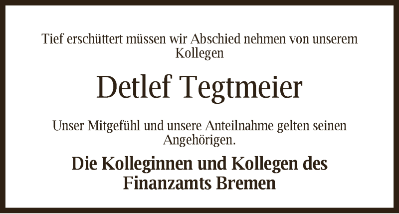  Traueranzeige für Detlef Tegtmeier vom 26.10.2016 aus WESER-KURIER