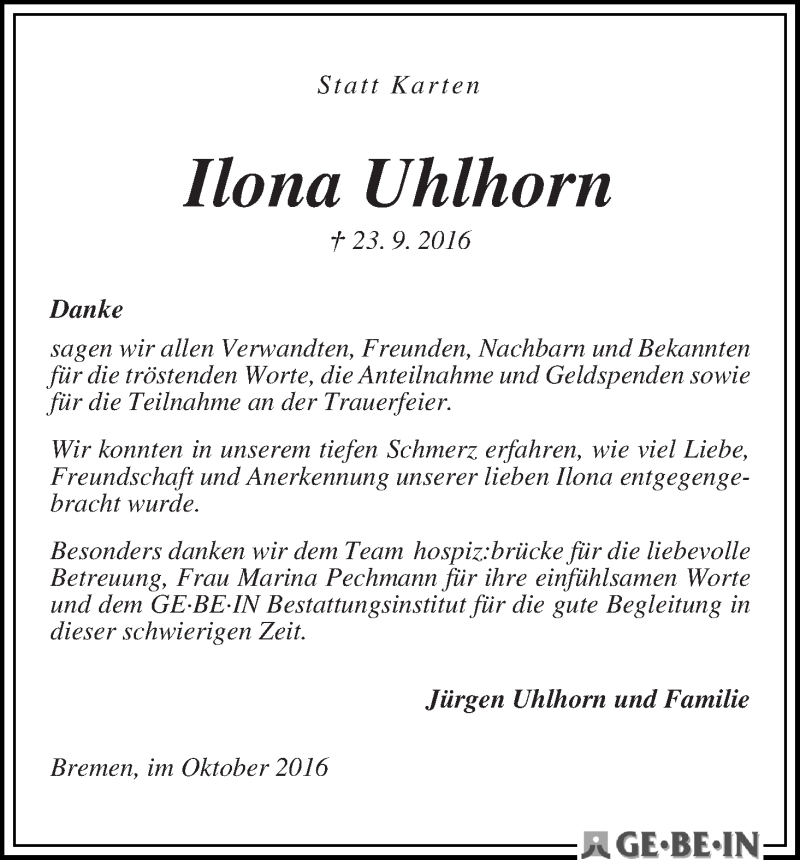Traueranzeige von Ilona Uhlhorn von WESER-KURIER