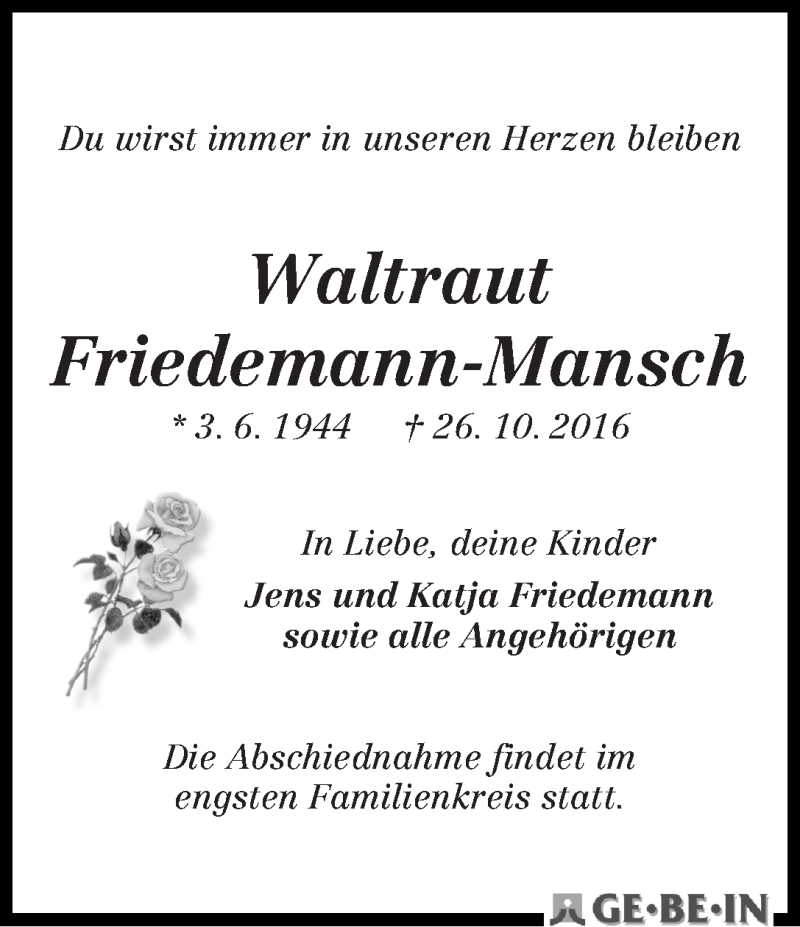 Traueranzeige von Waltraut Friedemann-Mansch von WESER-KURIER