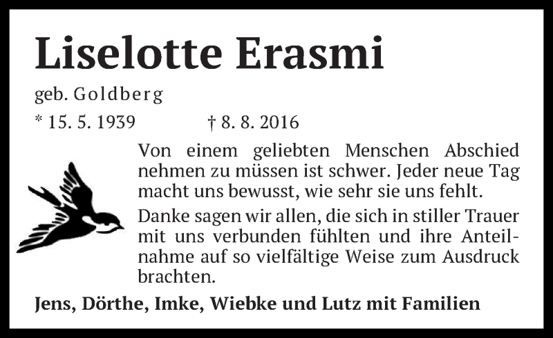 Traueranzeige von Liselotte Erasmi von Die Norddeutsche