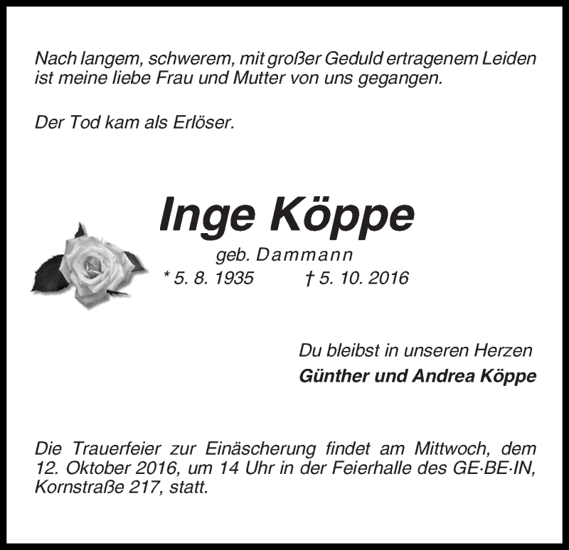 Traueranzeige von Inge Köppe von WESER-KURIER