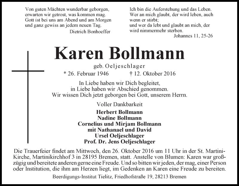 Traueranzeige von Karen Bollmann von WESER-KURIER