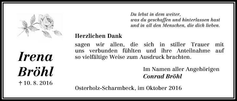 Traueranzeige von Irena Bröhl von Osterholzer Kreisblatt