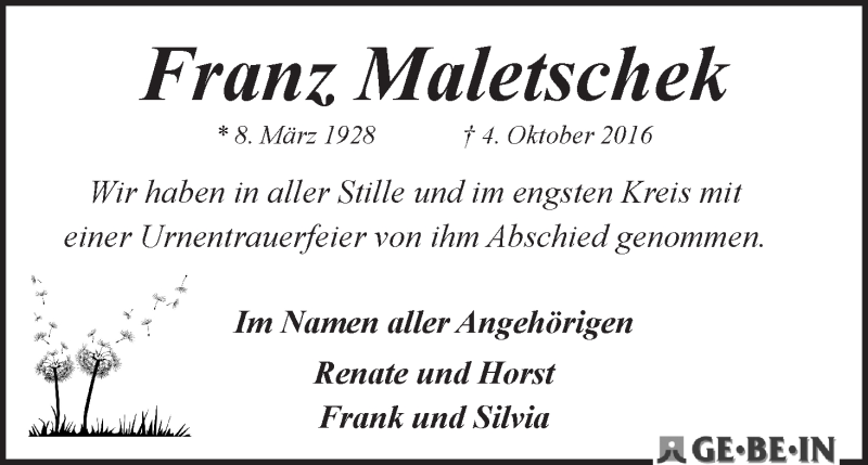 Traueranzeige von Franz Maletschek von WESER-KURIER