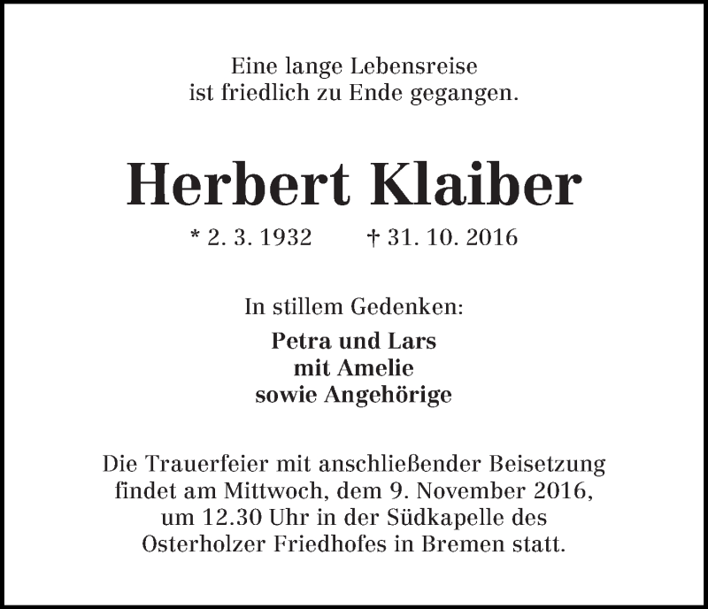 Traueranzeige von Herbert Klaiber von WESER-KURIER