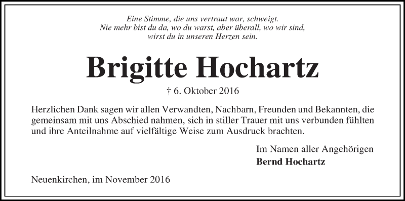 Traueranzeige von Brigitte Hochartz von Die Norddeutsche