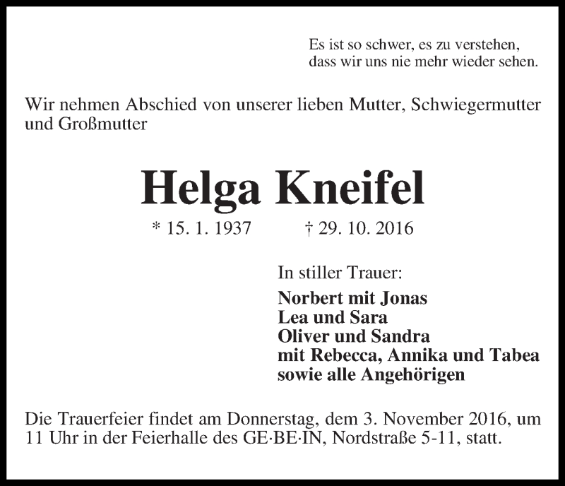 Traueranzeige von Helga Kneifel von WESER-KURIER
