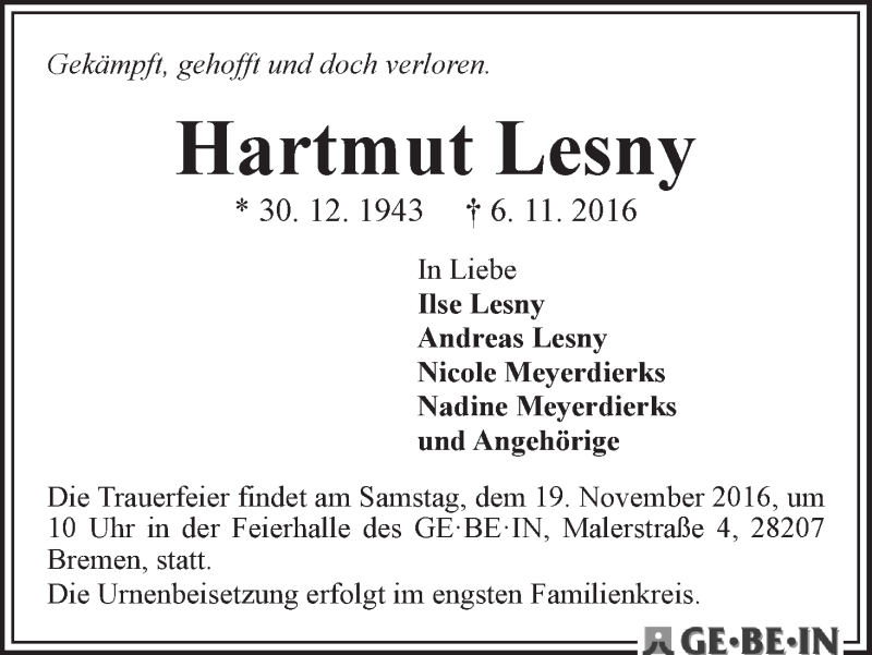 Traueranzeige von Hartmut Lesny von WESER-KURIER