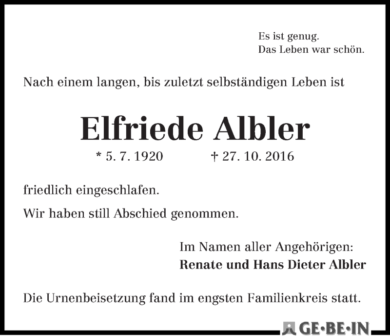 Traueranzeige von Elfriede Albler von WESER-KURIER