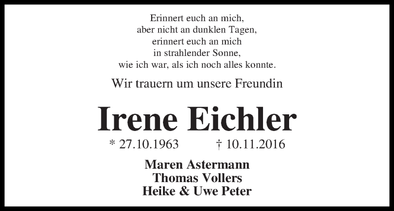 Traueranzeige von Irene Eichler von WESER-KURIER
