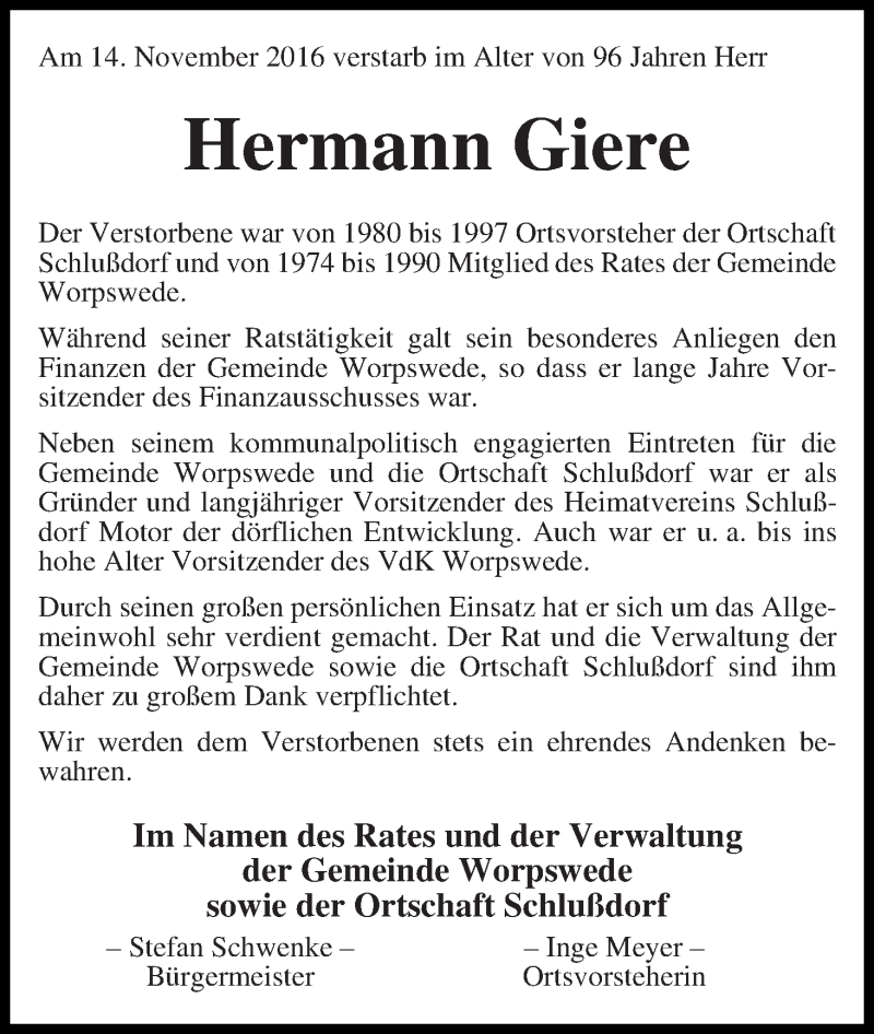 Traueranzeige von Hermann Giere von Osterholzer Kreisblatt