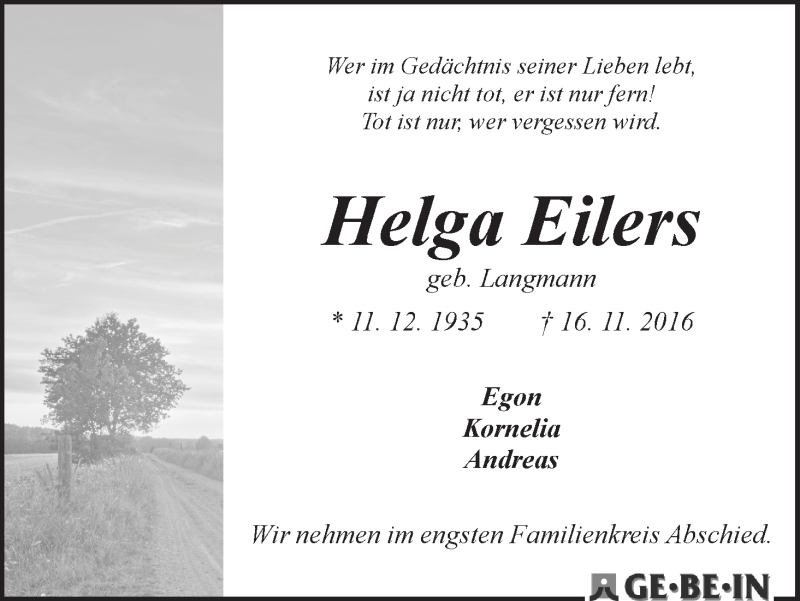 Traueranzeige von Helga Eilers von WESER-KURIER