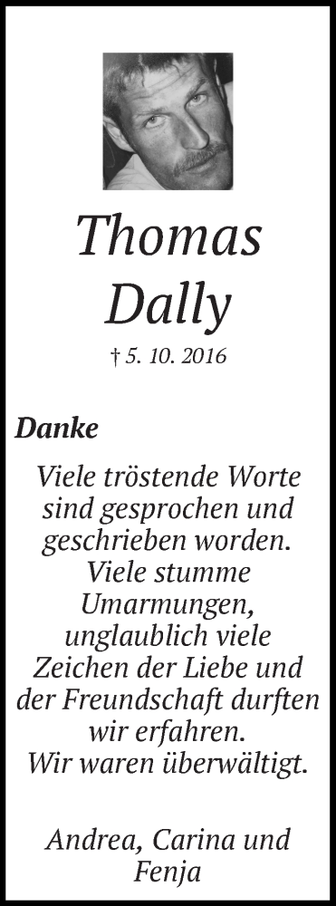  Traueranzeige für Thomas Dally vom 12.11.2016 aus WESER-KURIER