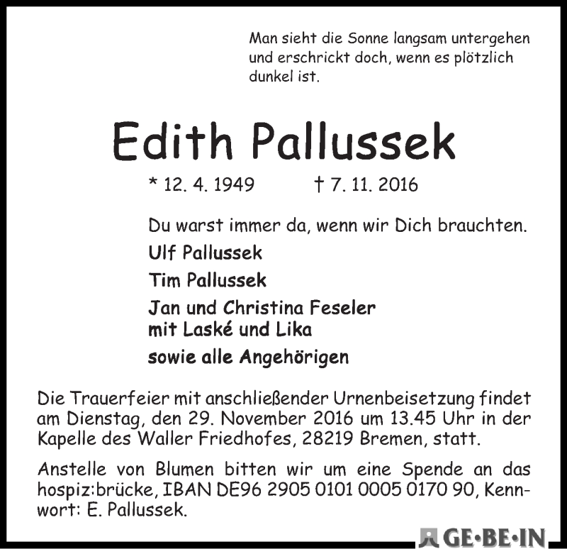 Traueranzeige von Edith Pallussek von WESER-KURIER