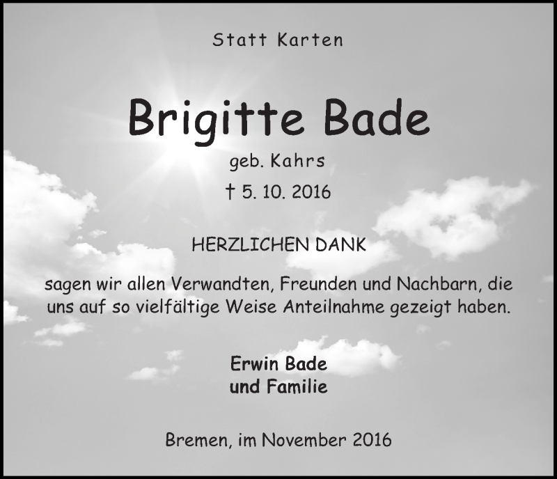 Traueranzeige von Brigitte Bade von WESER-KURIER
