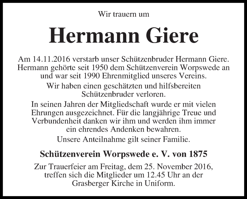 Traueranzeige von Hermann Giere von Wuemme Zeitung