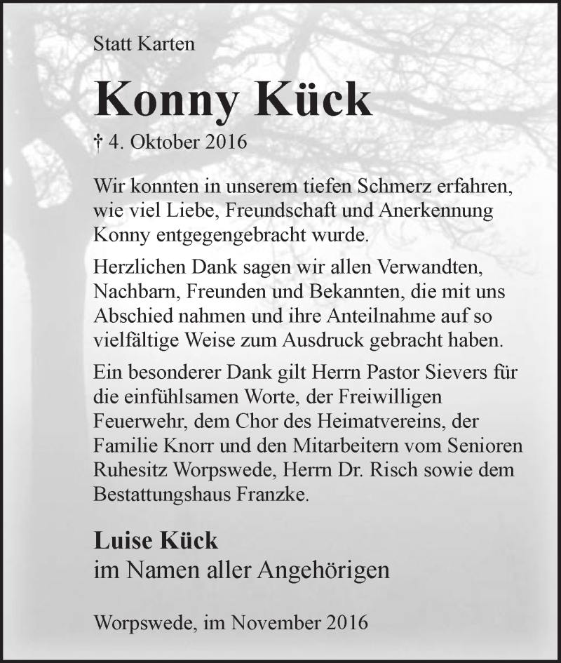 Traueranzeige von Konny Kück von Wuemme Zeitung