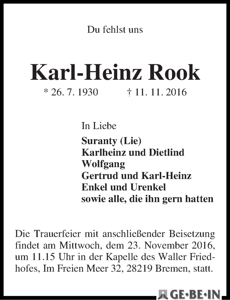 Traueranzeige von Karl-Heinz Rook von WESER-KURIER