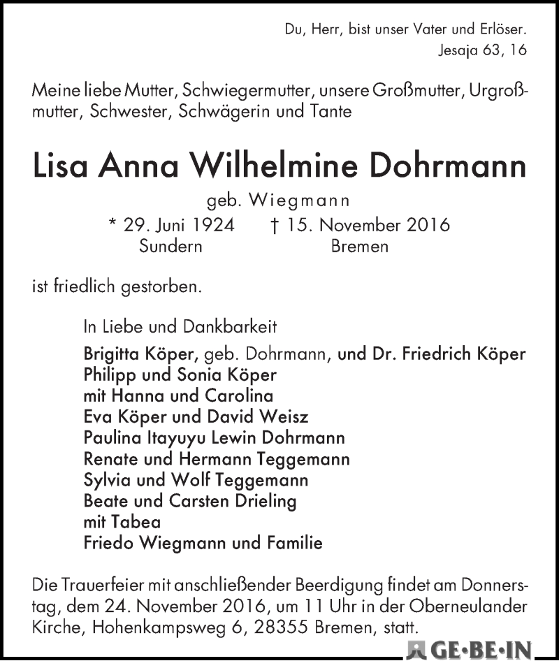 Traueranzeige von Lisa Anna Wilhelmine Dohrmann von WESER-KURIER