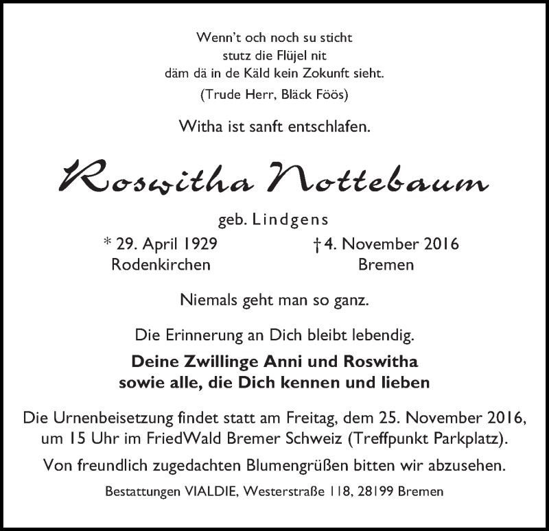 Traueranzeige von Roswitha Nottebaum von WESER-KURIER
