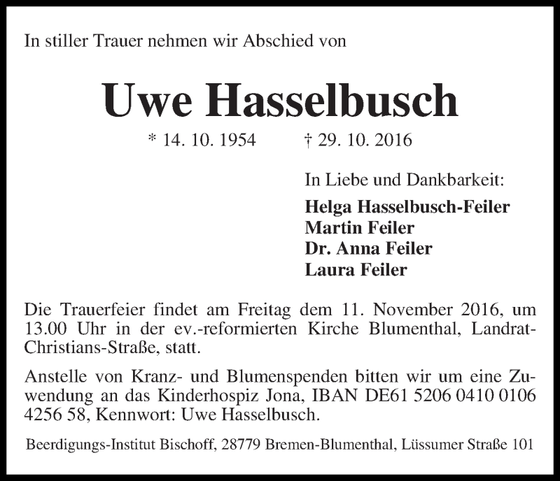Traueranzeige von Uwe Hasselbusch von Die Norddeutsche
