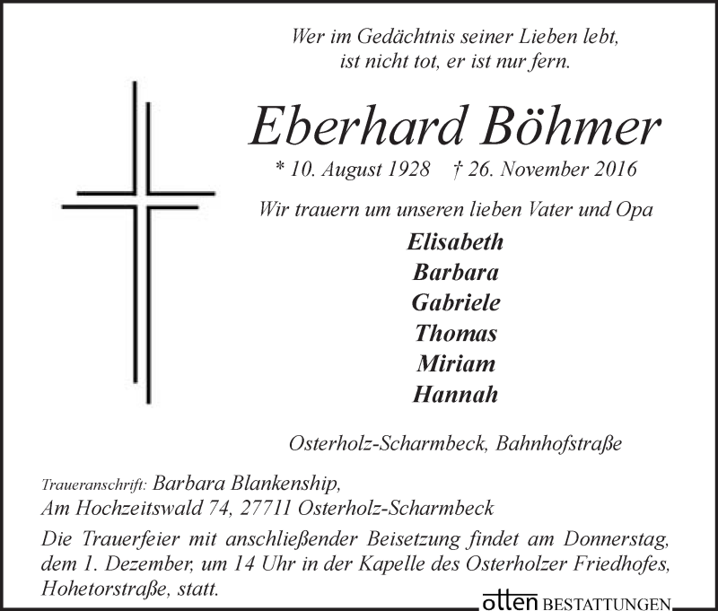 Traueranzeige von Eberhard Böhmer von Osterholzer Kreisblatt