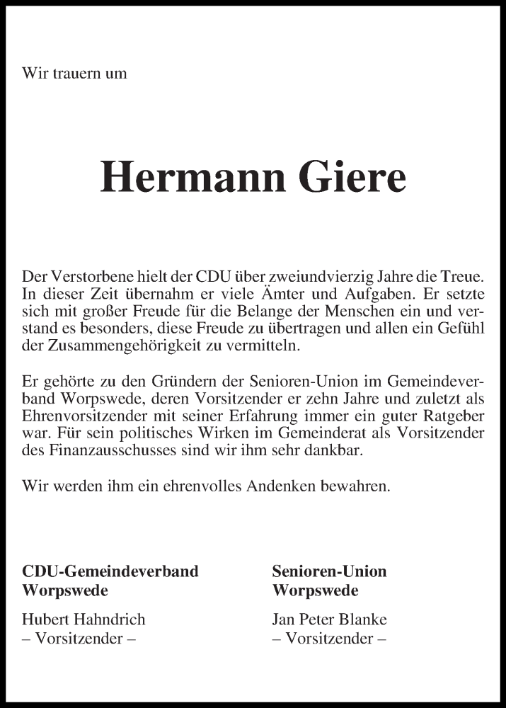 Traueranzeige von Hermann Giere von Wuemme Zeitung