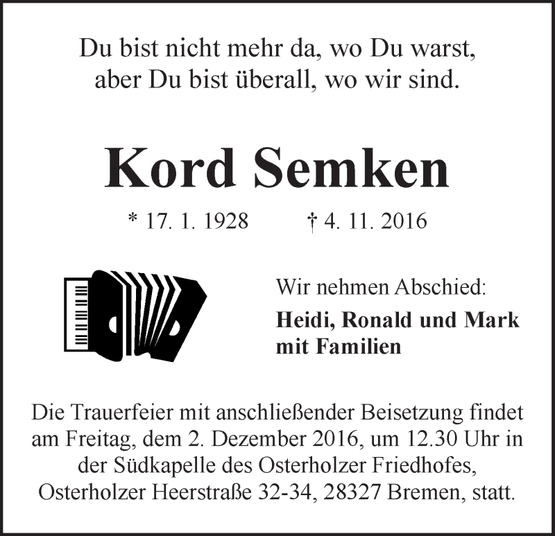 Traueranzeige von Kord Semken von WESER-KURIER