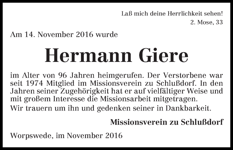 Traueranzeige von Hermann Giere von Wuemme Zeitung