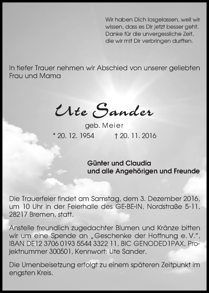  Traueranzeige für Ute Sander vom 26.11.2016 aus WESER-KURIER