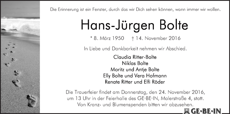 Traueranzeige von Hans-Jürgen Bolte von WESER-KURIER