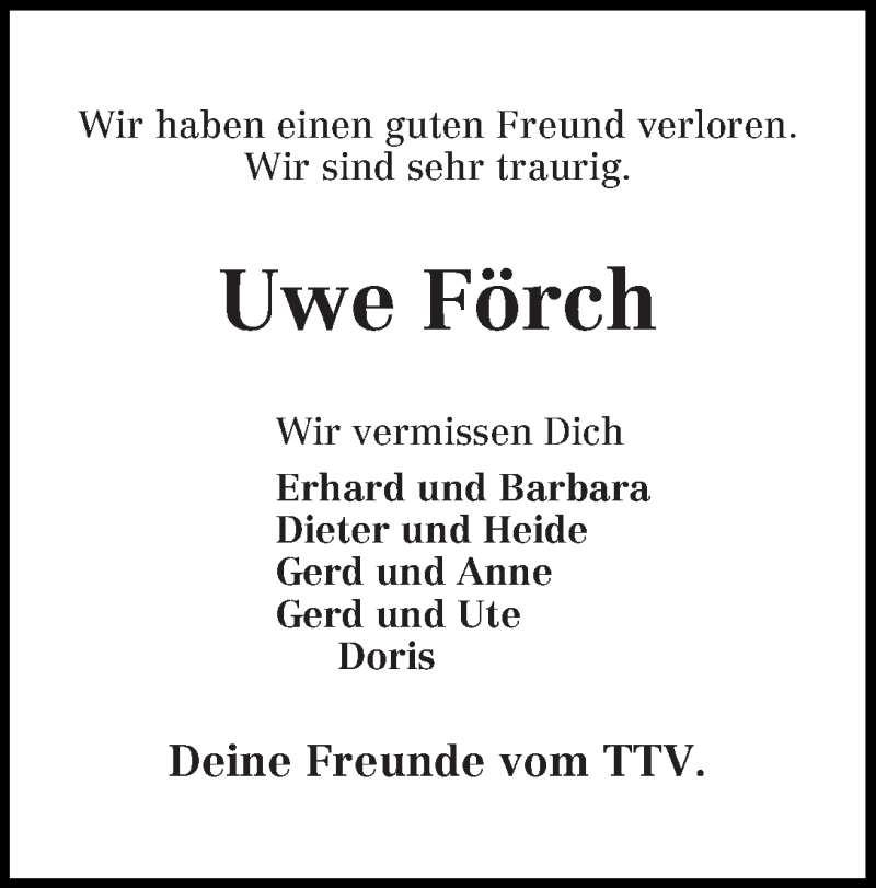 Traueranzeige von Uwe Förch von Die Norddeutsche