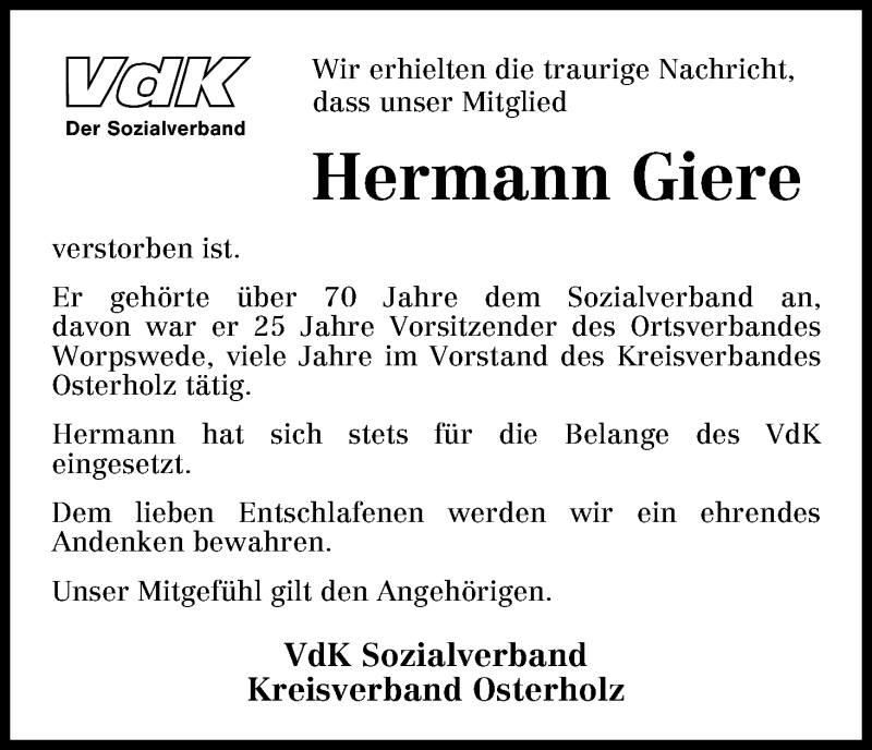 Traueranzeige von Hermann Giere von Osterholzer Kreisblatt
