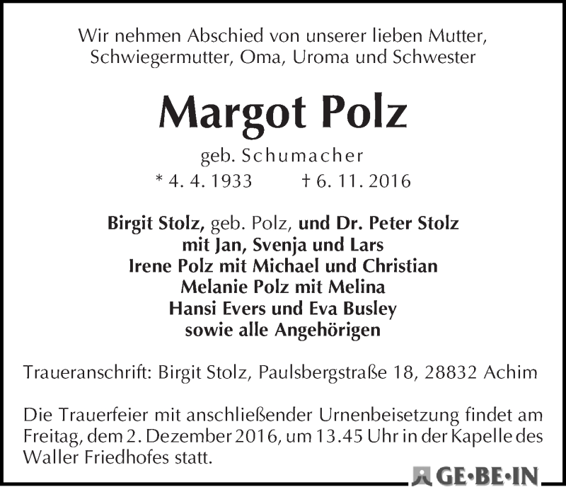 Traueranzeige von Margot Polz von WESER-KURIER