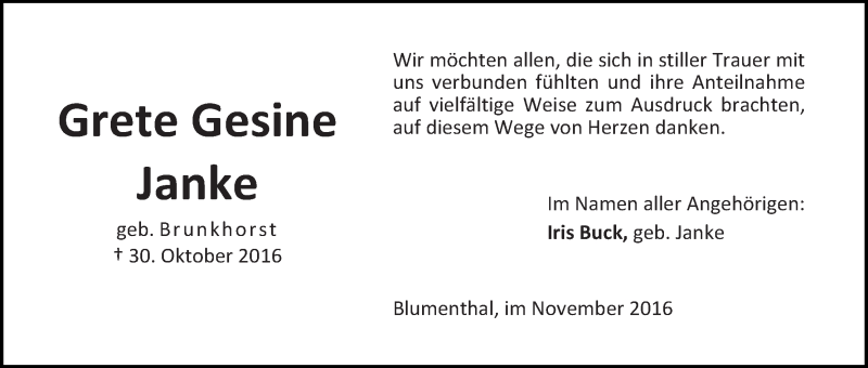 Traueranzeige von Grete Gesine Janke von Die Norddeutsche
