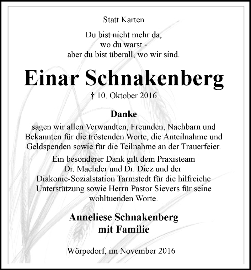 Traueranzeige von Einar Schnakenberg von Wuemme Zeitung