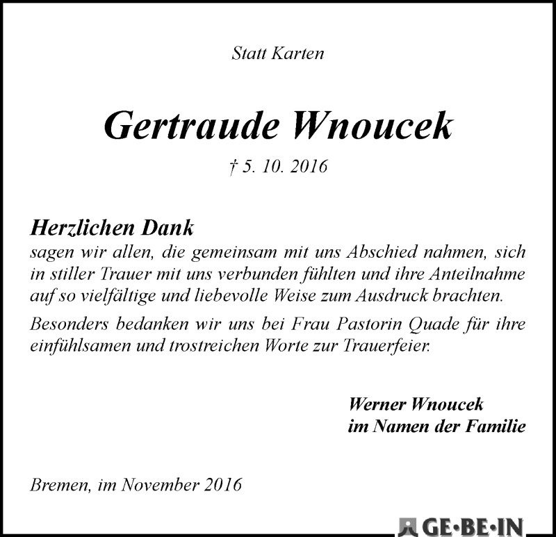 Traueranzeige von Gertraude Wnoucek von WESER-KURIER