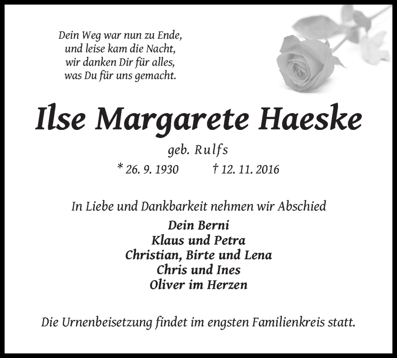 Traueranzeige von Ilse Margarete Haeske von WESER-KURIER