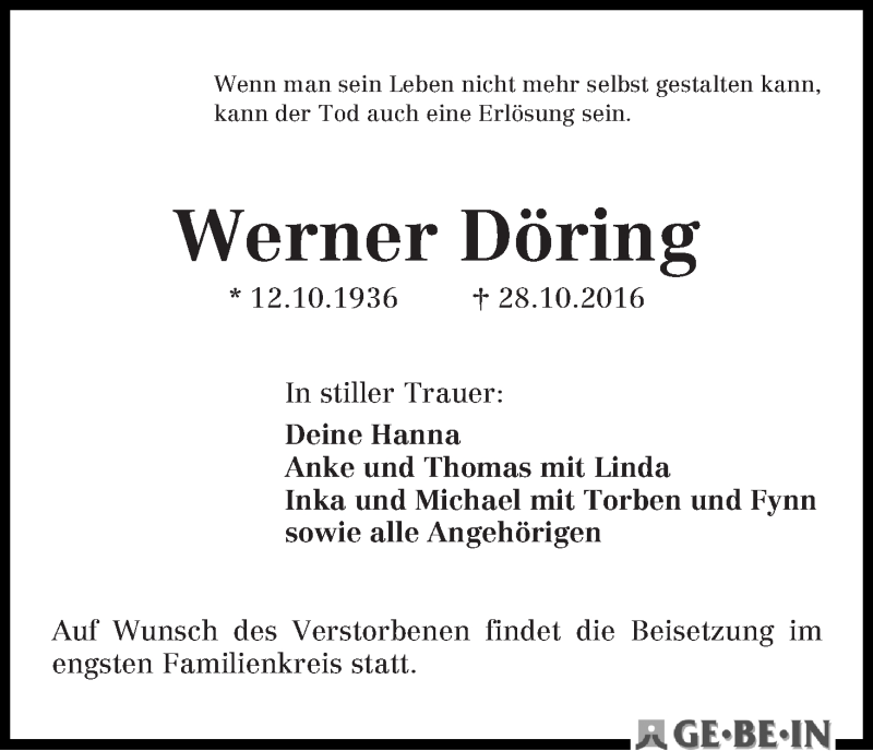 Traueranzeige von Werner Döring von WESER-KURIER