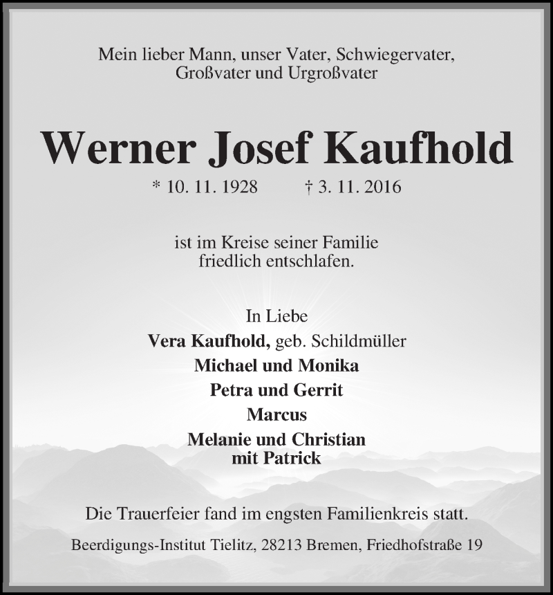 Traueranzeige von Werner Josef Kaufhold von WESER-KURIER