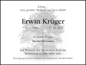 Traueranzeige von Erwin Krüger