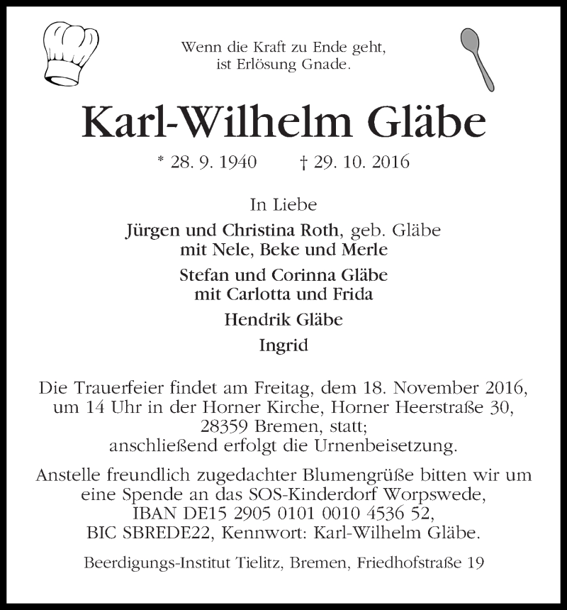 Traueranzeige von Karl-Wilhelm Gläbe von WESER-KURIER