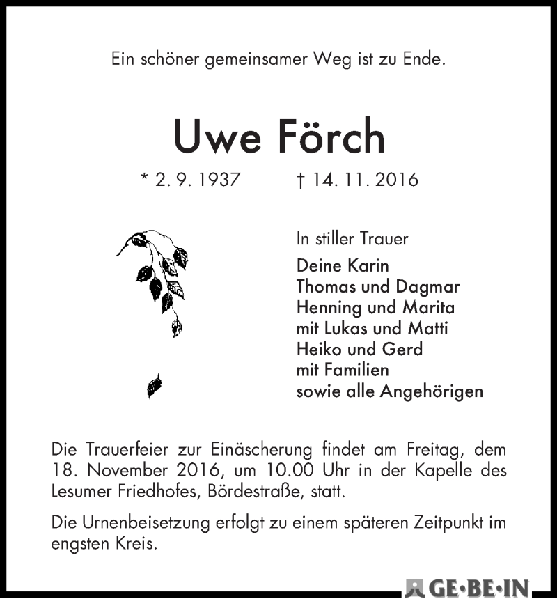 Traueranzeige von Uwe Förch von WESER-KURIER