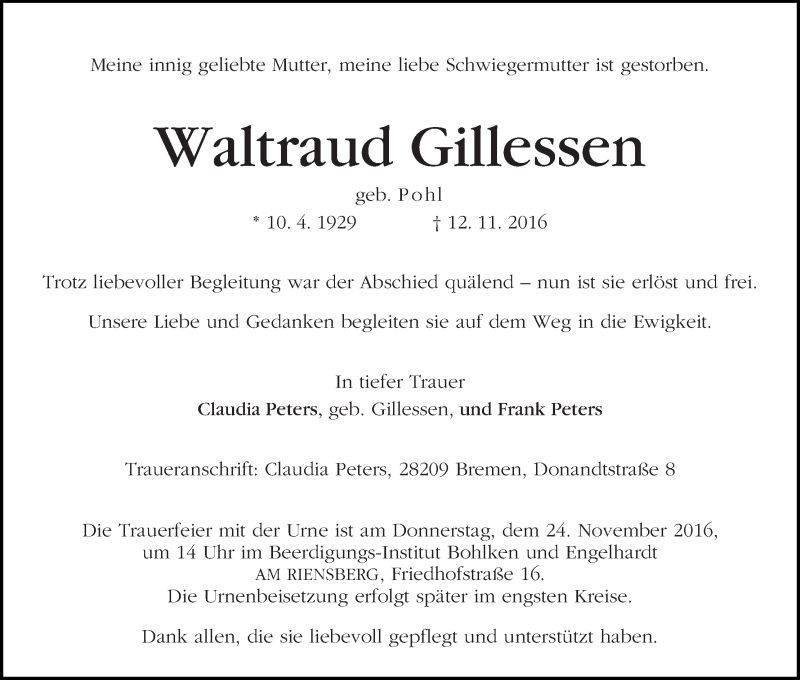  Traueranzeige für Waltraud Gillessen vom 19.11.2016 aus WESER-KURIER