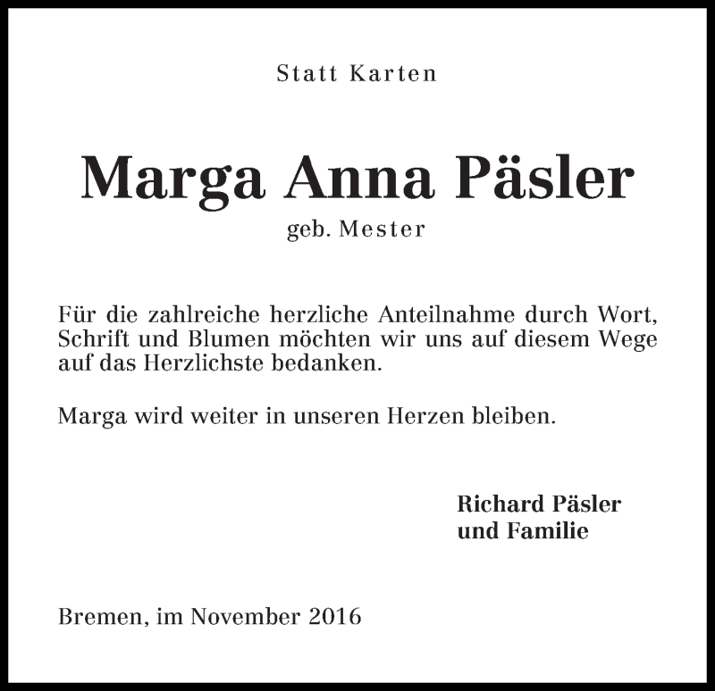 Traueranzeige von Marga Anna Päsler von WESER-KURIER